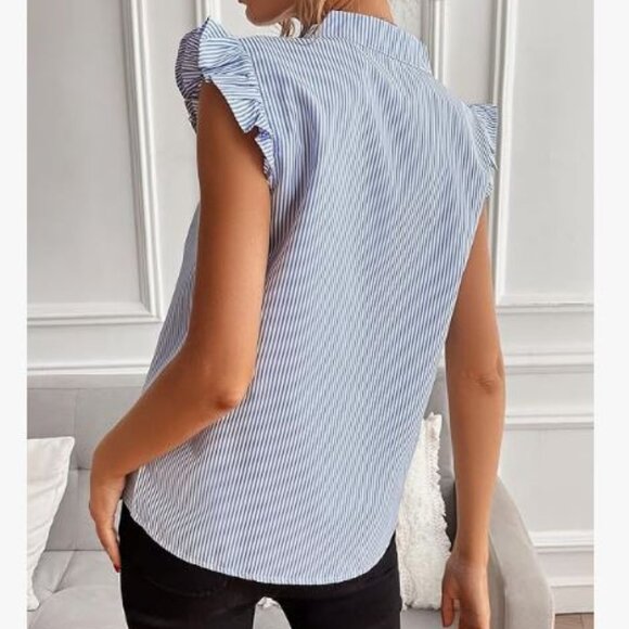 NWOT Women's Striped Ruffle Cap Sleeve Notched V Neck Blouse - Picture 3 of 8